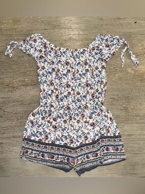 Rue21 White Floral Off-Shoulder Romper with Blue & Brown Accents